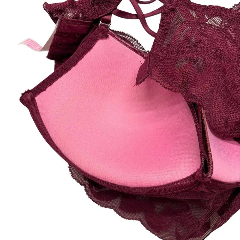 Victoria Secret PINK Bra Small Burgundy Push Up Lace Floral Fairy Whimsical